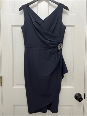 Alex Evenings Sleeveless Navy Midi Sheath Dress with Draped Overlay - Size 6